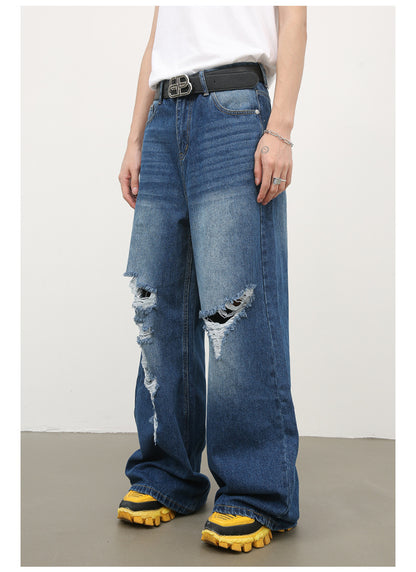 Men's Baggy Jeans Loose Fit Ripped Distressed Straight Leg Denim Pants