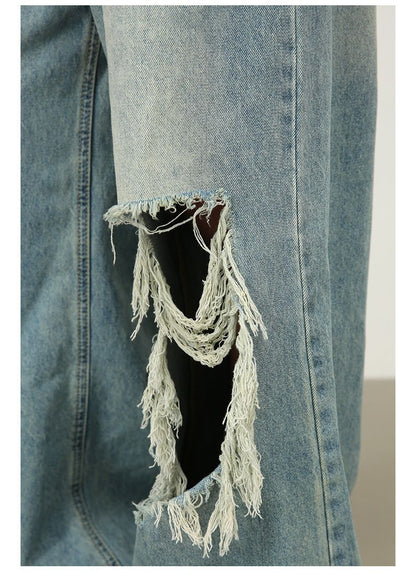 Men's Baggy Jeans Y2K Ripped Wide Leg Distressed Denim Pants Hip Hop Streetwear