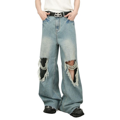 Men's Baggy Jeans Y2K Ripped Wide Leg Distressed Denim Pants Hip Hop Streetwear