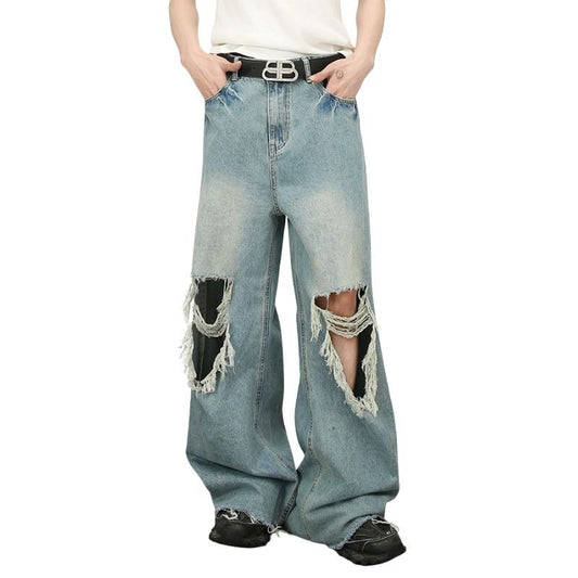Men's Baggy Jeans Y2K Ripped Wide Leg Distressed Denim Pants Hip Hop Streetwear