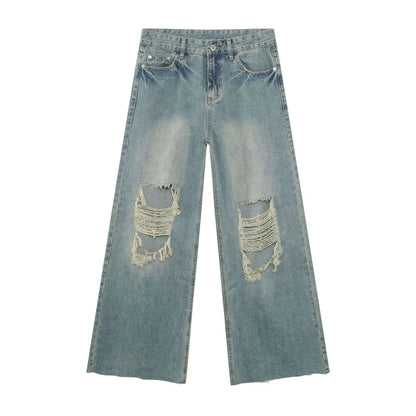 Men's Baggy Jeans Y2K Ripped Wide Leg Distressed Denim Pants Hip Hop Streetwear