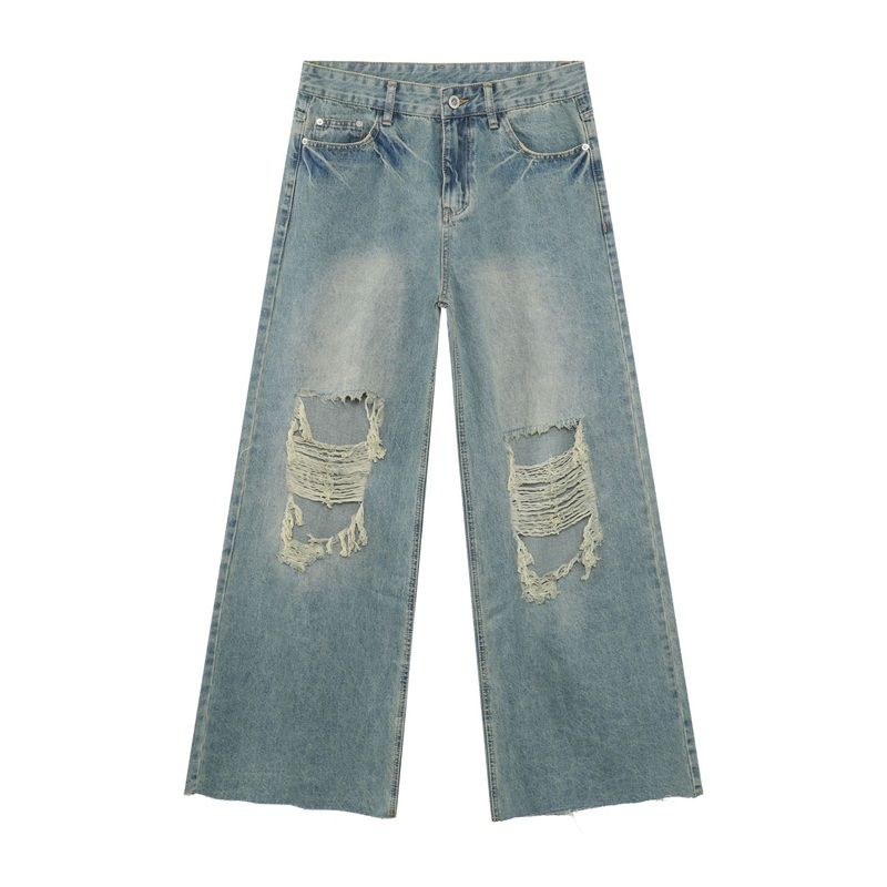 Men's baggy jeans y2k ripped wide leg distressed denim pants hip hop streetwear, flat lay front