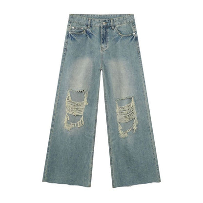Men's baggy jeans y2k ripped wide leg distressed denim pants hip hop streetwear, flat lay front