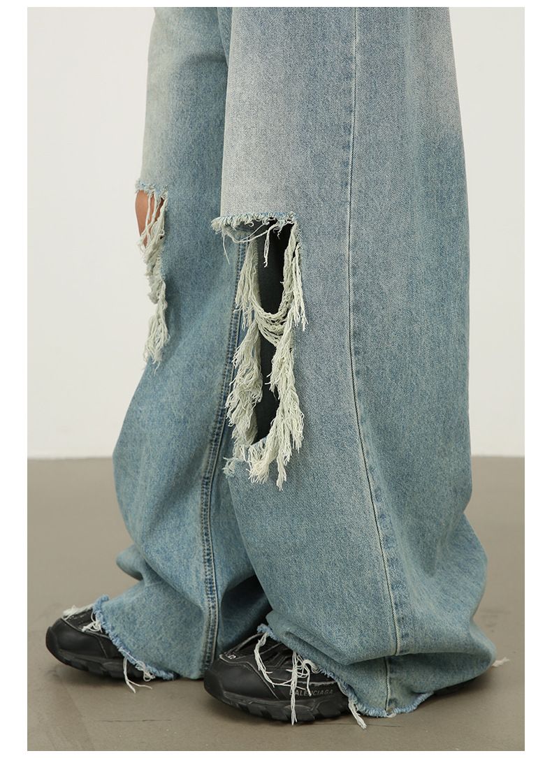 Men's Baggy Jeans Y2K Ripped Wide Leg Distressed Denim Pants Hip Hop Streetwear