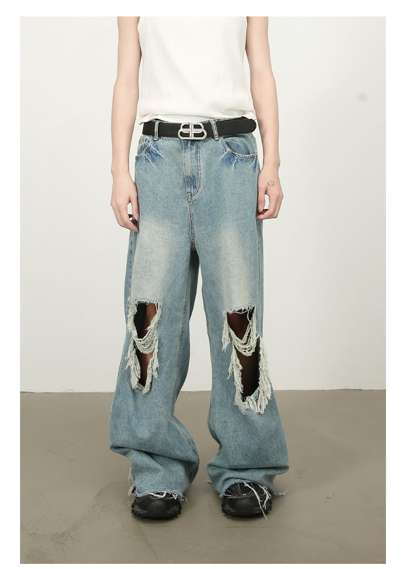 Men's Baggy Jeans Y2K Ripped Wide Leg Distressed Denim Pants Hip Hop Streetwear