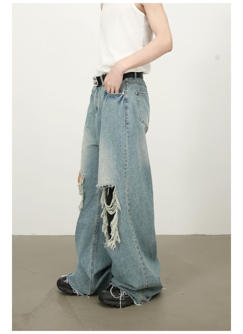 Men's Baggy Jeans Y2K Ripped Wide Leg Distressed Denim Pants Hip Hop Streetwear