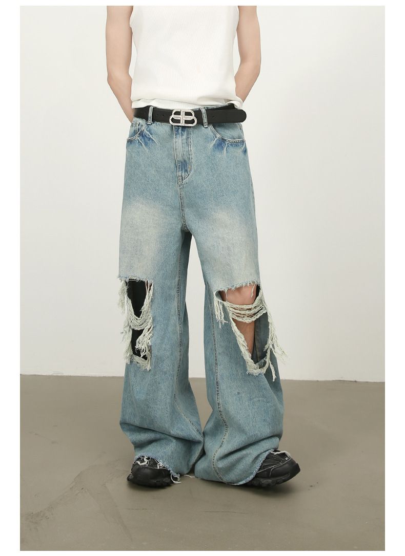 Men's Baggy Jeans Y2K Ripped Wide Leg Distressed Denim Pants Hip Hop Streetwear