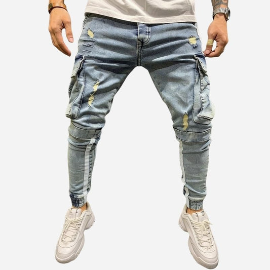 Men's cargo distressed skinny jeans street stretch denim jogger pants in light blue