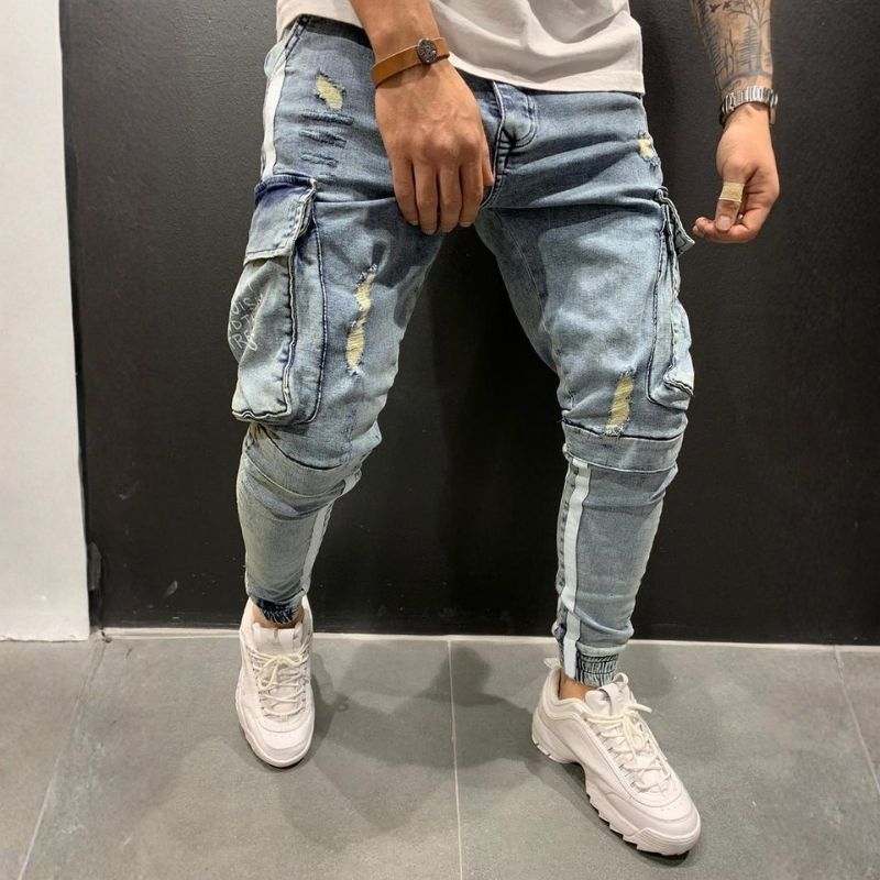 Men's cargo distressed skinny jeans street stretch denim jogger pants in light blue