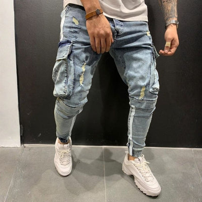 Men's cargo distressed skinny jeans street stretch denim jogger pants in light blue