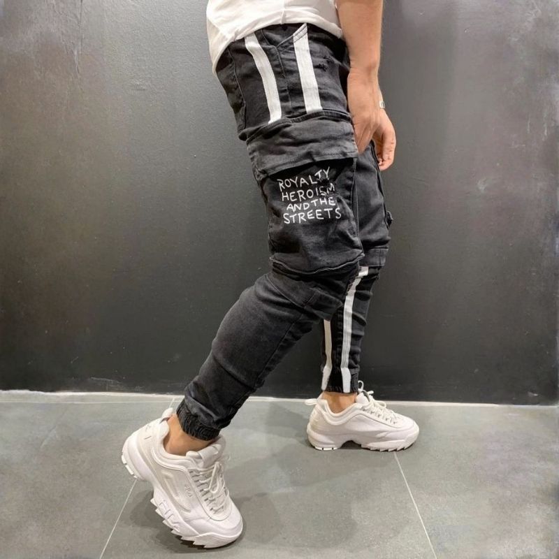 Men's cargo distressed skinny jeans street stretch denim jogger pants in grey, side view