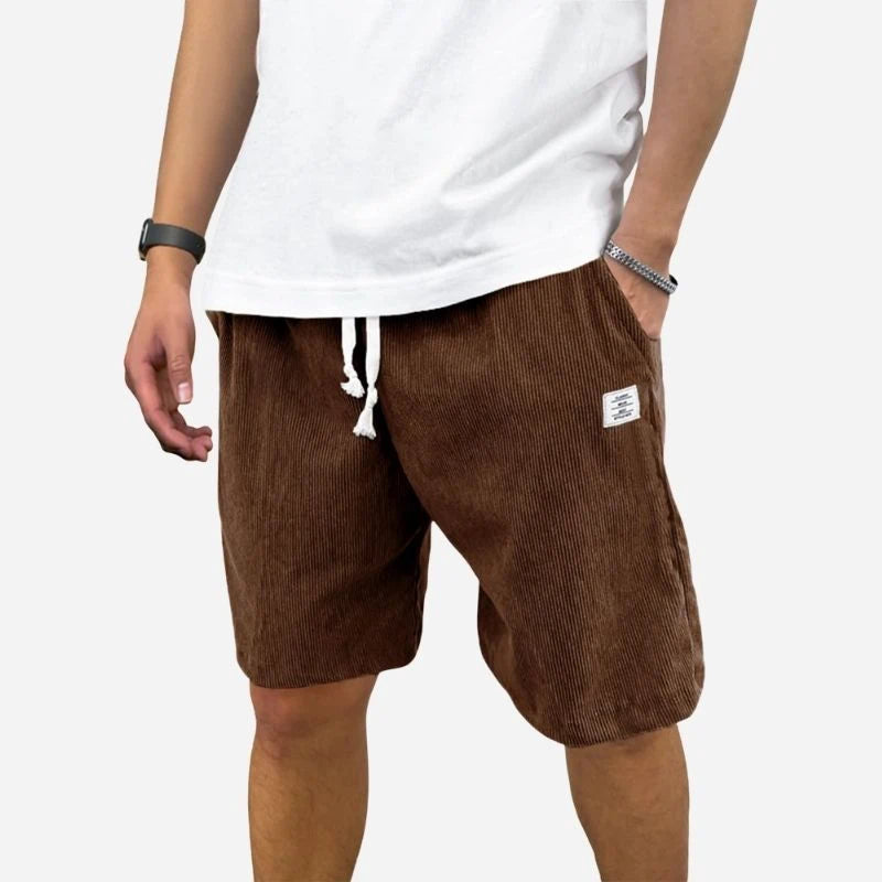men's elastic waist drawstring summer beach shorts in brown, front view