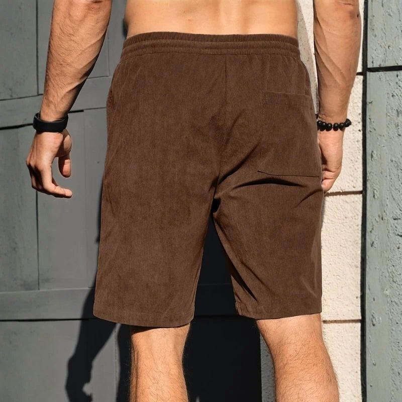 men's elastic waist drawstring summer beach shorts in brown, back view