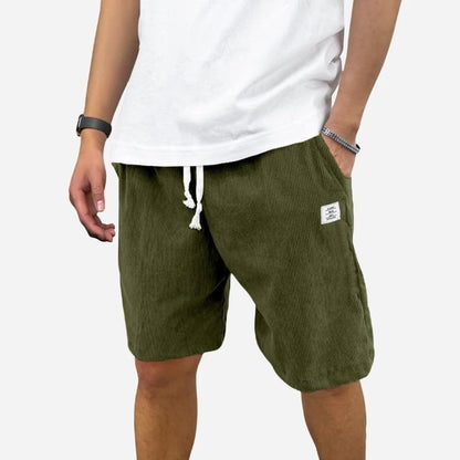 men's elastic waist drawstring summer beach shorts in army green, front view