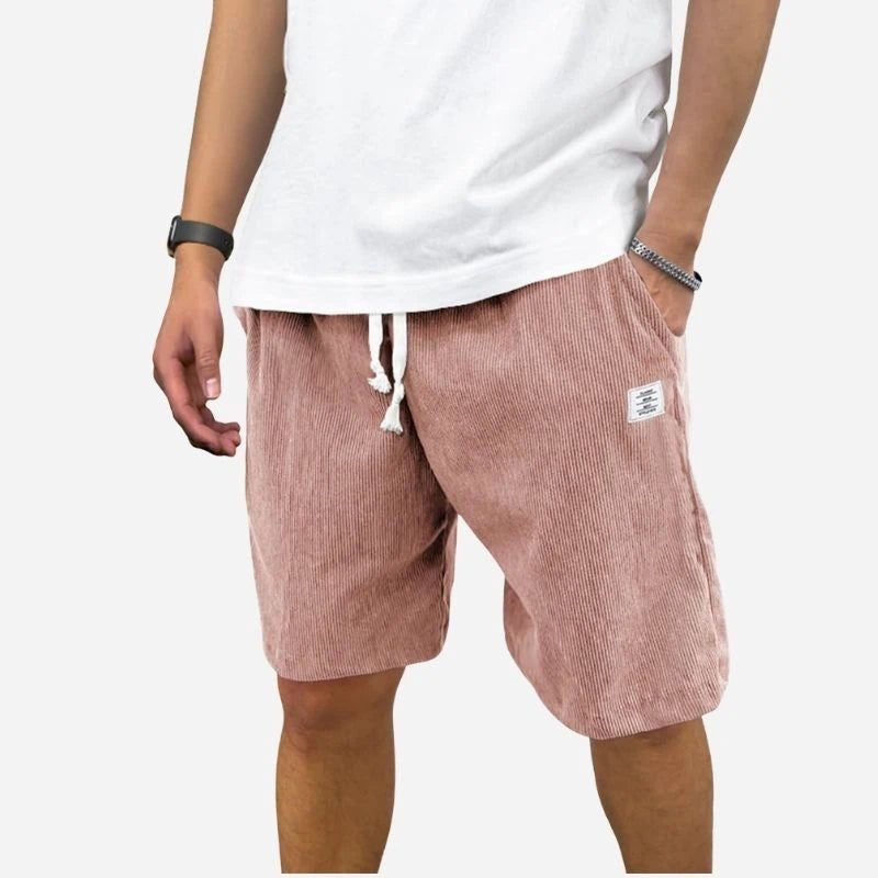 men's elastic waist drawstring summer beach shorts in pink, front view