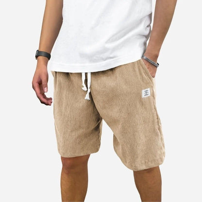 men's elastic waist drawstring summer beach shorts in beige, front view