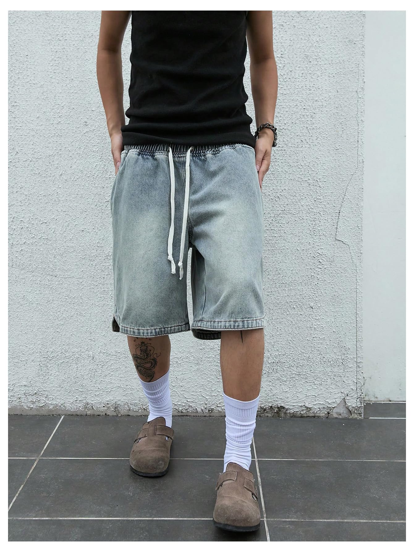 Men's Denim Shorts Baggy Jean Elastic Drawstring Pants Jorts Streetwear