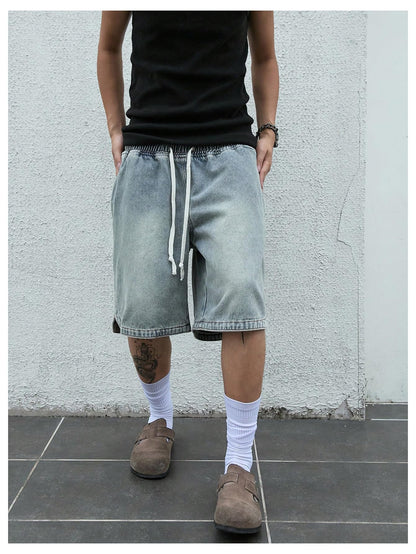 Men's Denim Shorts Baggy Jean Elastic Drawstring Pants Jorts Streetwear