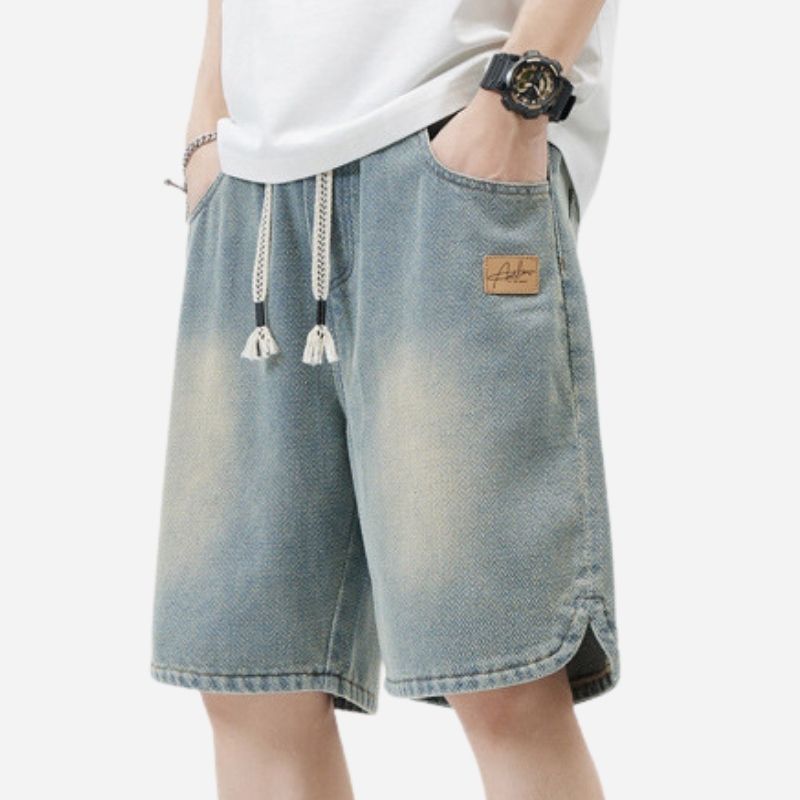 Men's Denim Shorts Baggy Jean Elastic Drawstring Pants Jorts Streetwear