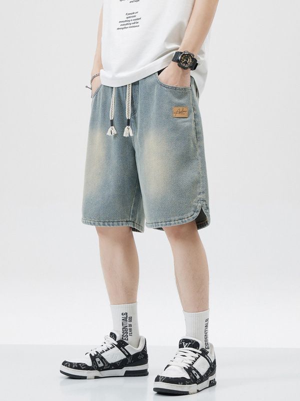 Men's Denim Shorts Baggy Jean Elastic Drawstring Pants Jorts Streetwear