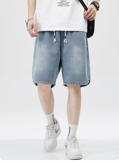 Men's Denim Shorts Baggy Jean Elastic Drawstring Pants Jorts Streetwear