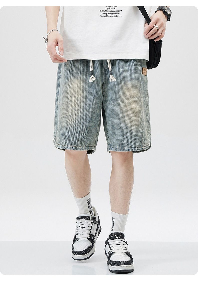 Men's Denim Shorts Baggy Jean Elastic Drawstring Pants Jorts Streetwear