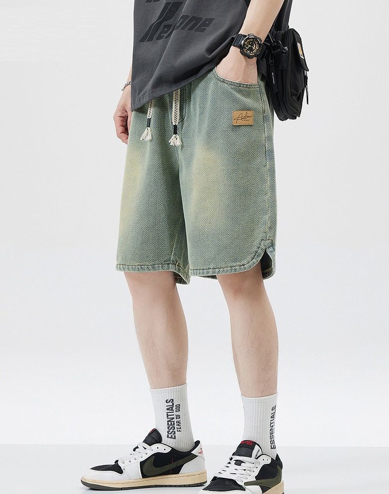 Men's Denim Shorts Baggy Jean Elastic Drawstring Pants Jorts Streetwear