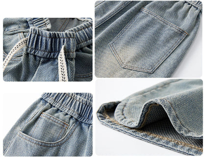 Men's Denim Shorts Baggy Jean Elastic Drawstring Pants Jorts Streetwear