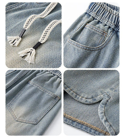 Men's Denim Shorts Baggy Jean Elastic Drawstring Pants Jorts Streetwear