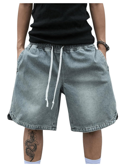 Men's Denim Shorts Baggy Jean Elastic Drawstring Pants Jorts Streetwear
