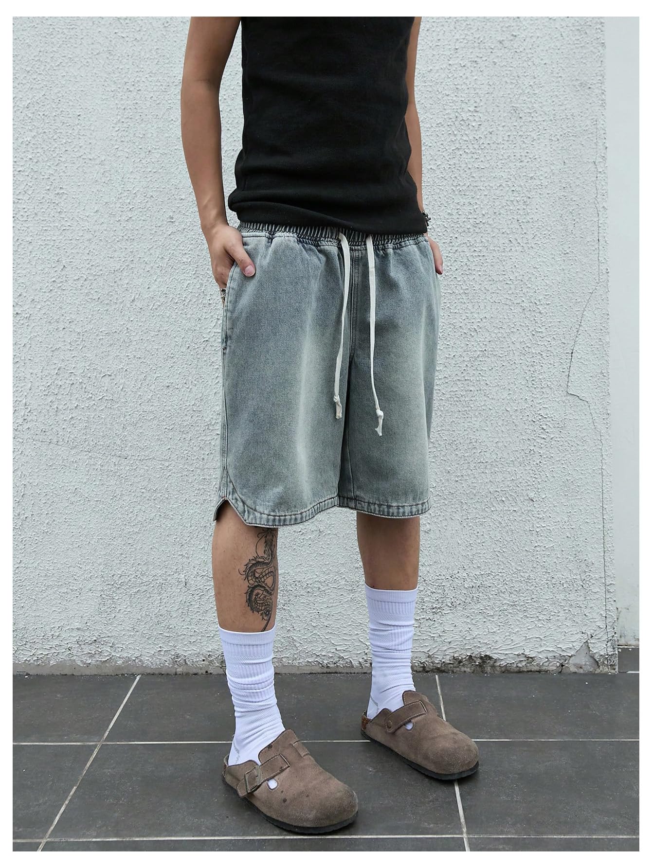 Men's Denim Shorts Baggy Jean Elastic Drawstring Pants Jorts Streetwear