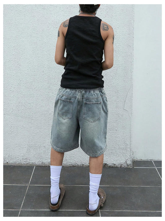 Men's Denim Shorts Baggy Jean Elastic Drawstring Pants Jorts Streetwear