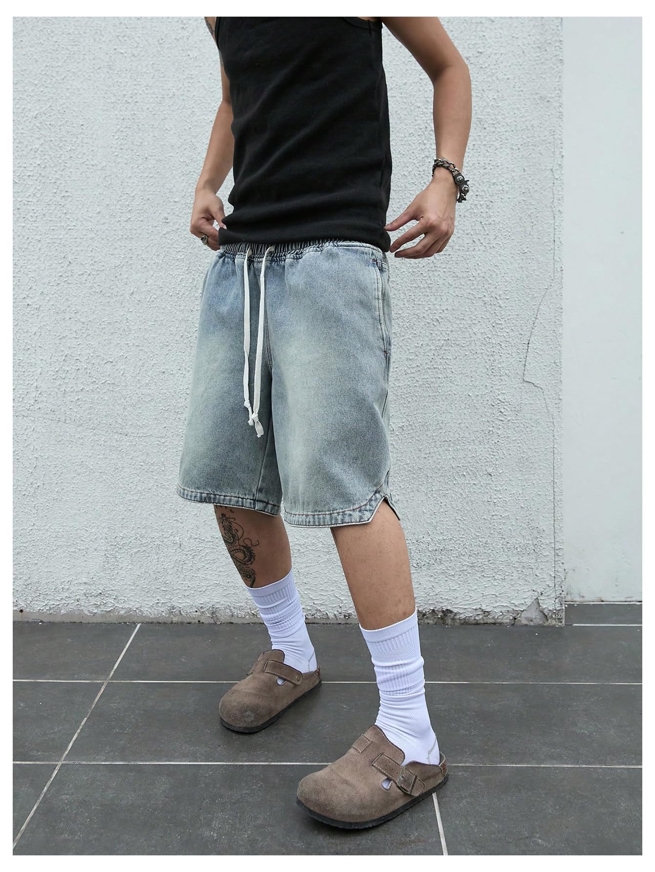 Men's Denim Shorts Baggy Jean Elastic Drawstring Pants Jorts Streetwear