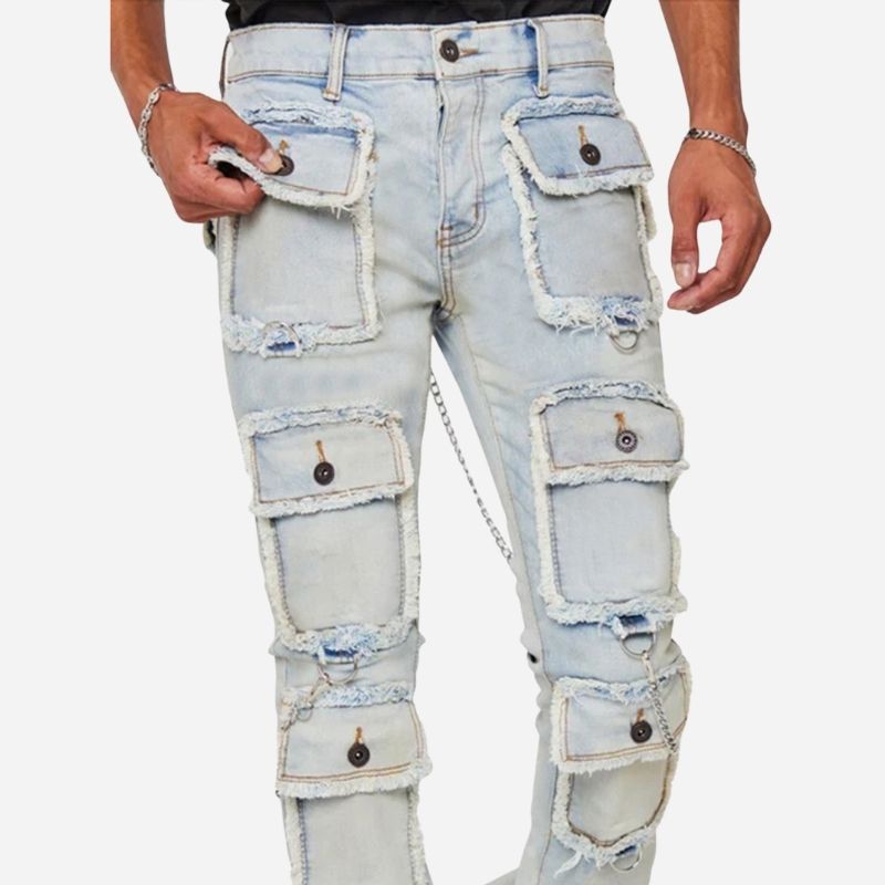 men's distressed cargo jeans slim fit multi pocket streetwear in light blue, details view