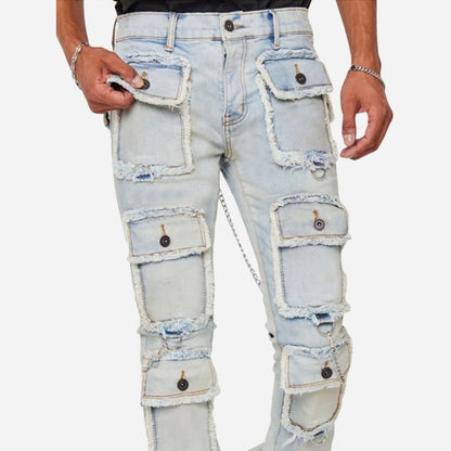 men's distressed cargo jeans slim fit multi pocket streetwear in light blue, details view