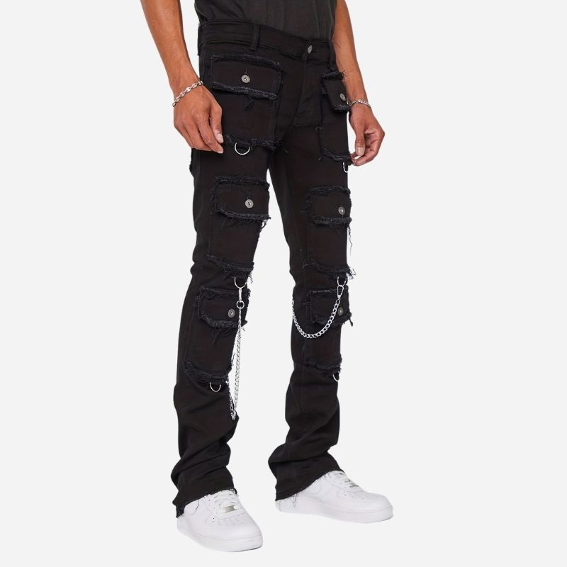 men's distressed cargo jeans slim fit multi pocket streetwear in black, side view