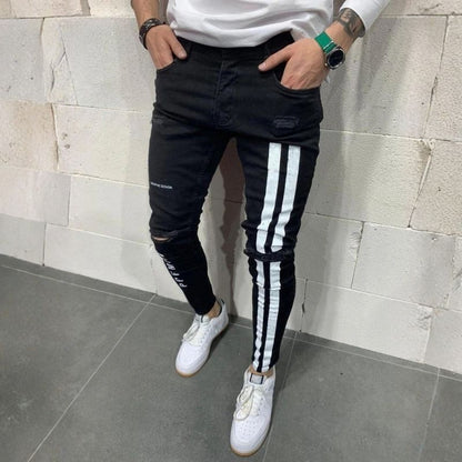 Men's distressed skinny jeans with side stripes street denim in black