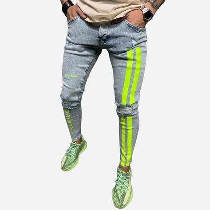Men's distressed skinny jeans with side stripes stretch street denim in light blue