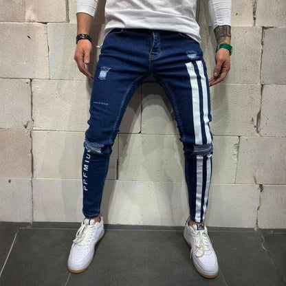 Men's distressed skinny jeans with side stripes stretch street denim in navy
