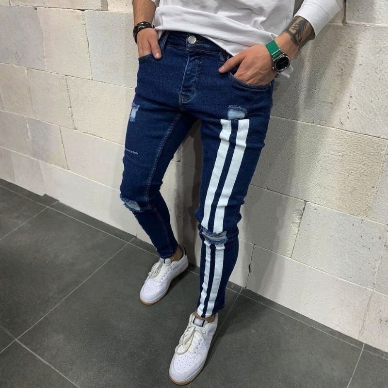 Men's distressed skinny jeans with side stripes street denim in navy, front view