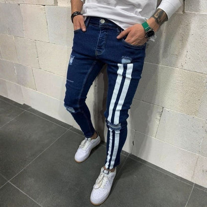 Men's distressed skinny jeans with side stripes street denim in navy, front view