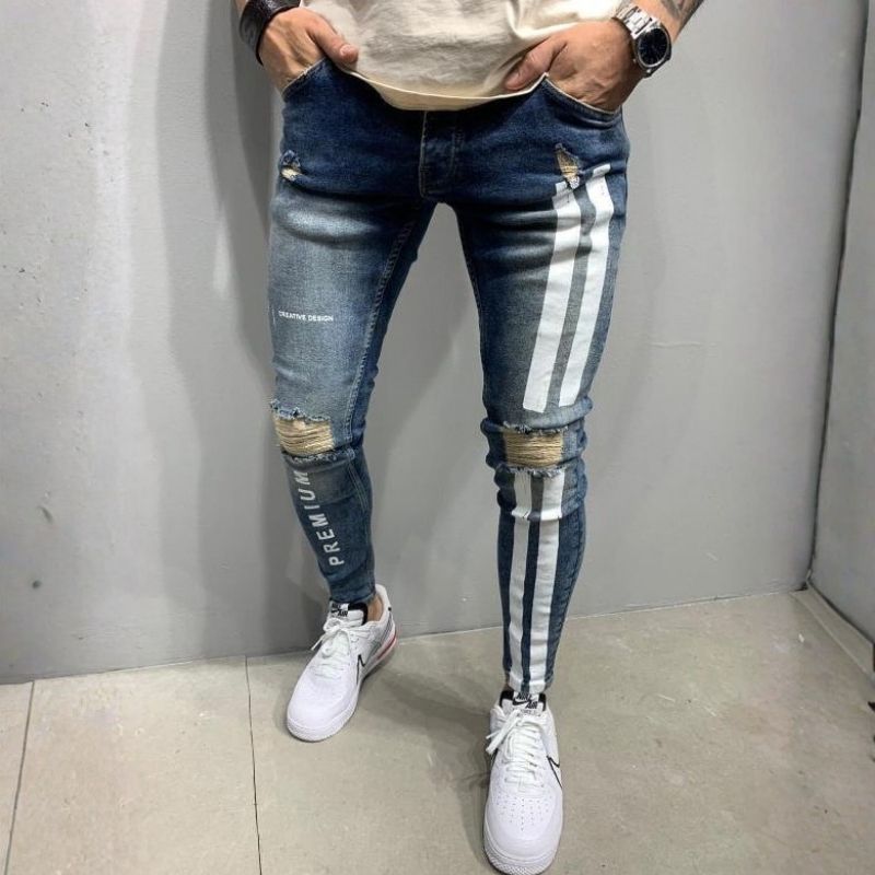Men's distressed skinny jeans with side stripes stretch street denim in blue