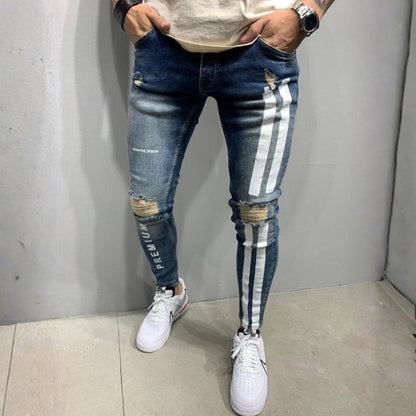 Men's distressed skinny jeans with side stripes stretch street denim in blue