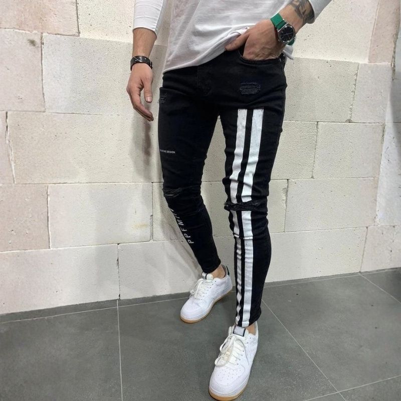 Men's distressed skinny jeans with side stripes stretch street denim in black
