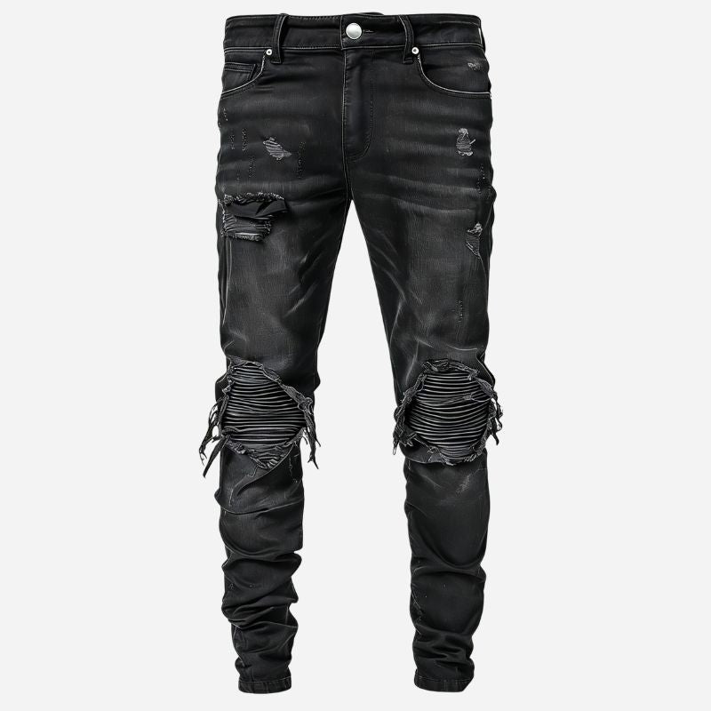 Men’s Distressed Slim Fit Ripped Denim Tapered Jeans Streetwear in Black