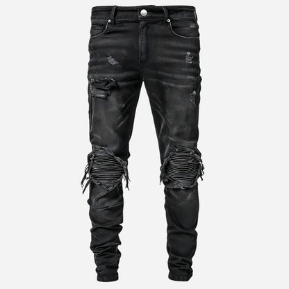 Men’s Distressed Slim Fit Ripped Denim Tapered Jeans Streetwear in Black