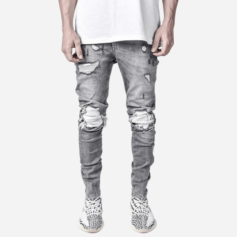 Men’s Distressed Slim Fit Ripped Denim Tapered Jeans Streetwear
