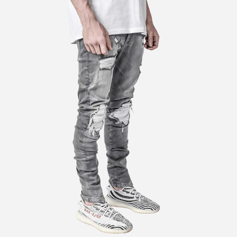 Men’s Distressed Slim Fit Ripped Denim Tapered Jeans Streetwear, side view