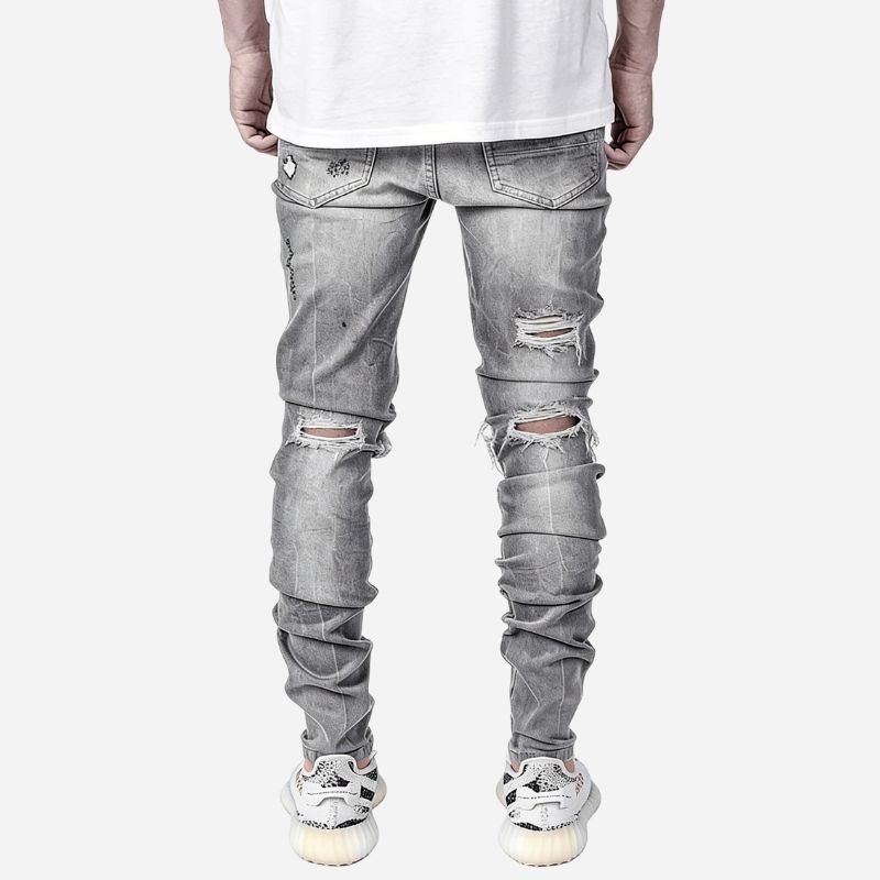 Men’s Distressed Slim Fit Ripped Denim Tapered Jeans Streetwear, back view