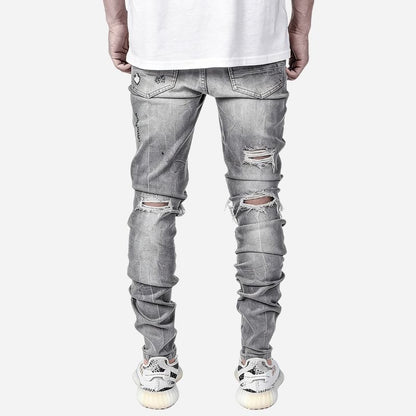 Men’s Distressed Slim Fit Ripped Denim Tapered Jeans Streetwear, back view